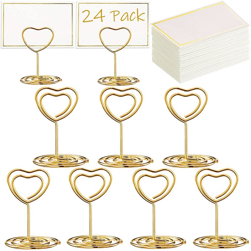 Toncoo 24 Pcs Mini Place Card Holders and 24 Pcs Place Cards with Gold Foil Border, Table Number Stand with Heart Shape, Table Card Holder Photo Picture Holder Memo Menu Clips for Wedding, Birthday - Image 1